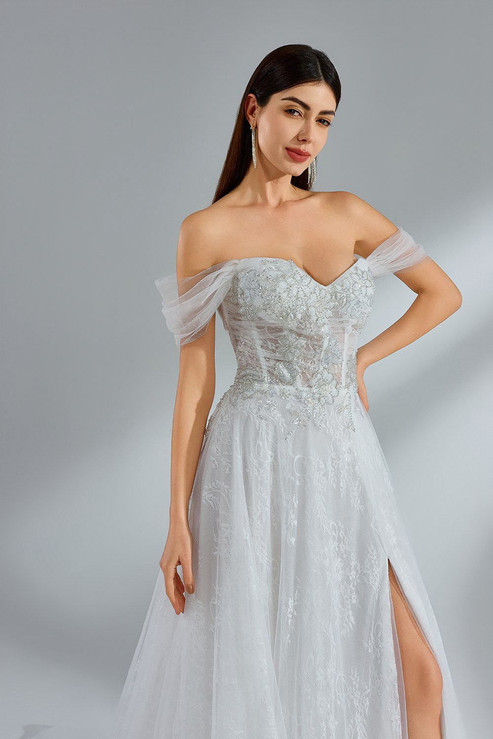 Wholesale Off - Shoulder Tulle Embroidered Spli Bridal Gown 32953 White Wholesale Off - Shoulder Tulle Embroidered Spli Bridal Gown 32953 White
