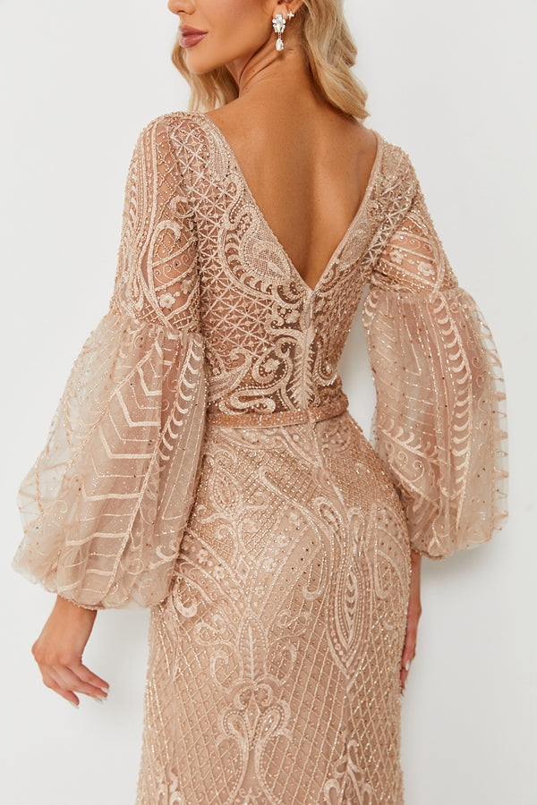 Wholesale Beaded Champagne Evening Gown, Puff Sleeve mk090