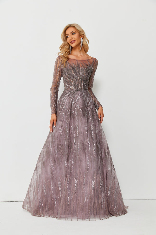 Wholesale Beaded Mesh Evening Gown, Long Sleeve Dress ks007