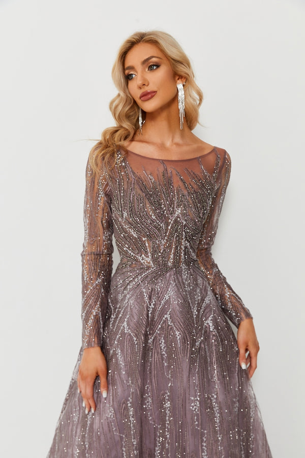 Wholesale Beaded Mesh Evening Gown, Long Sleeve Dress ks007
