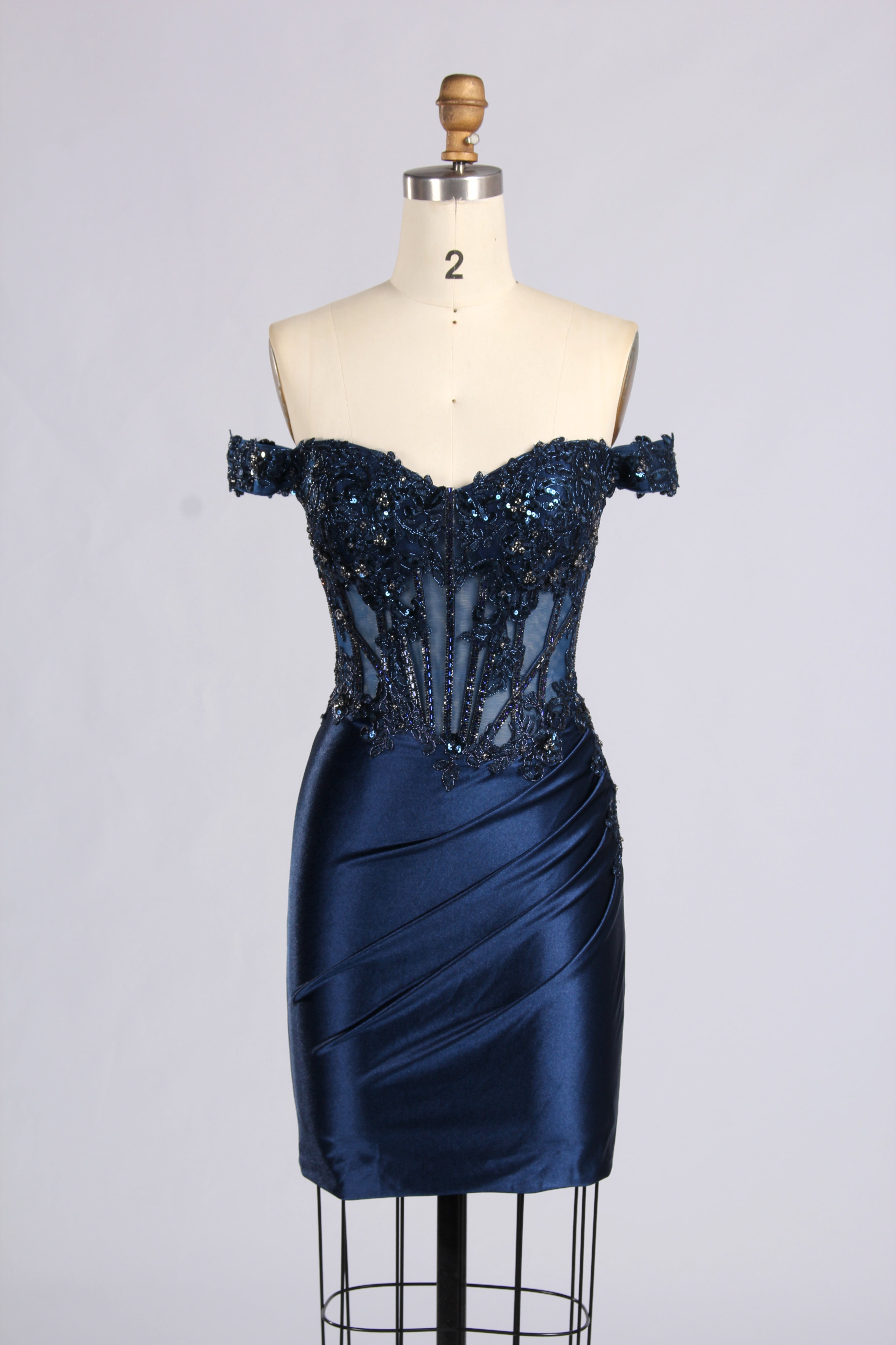Wholesale Navy Blue Off-Shoulder Lace Corset Homecoming Dress 33546