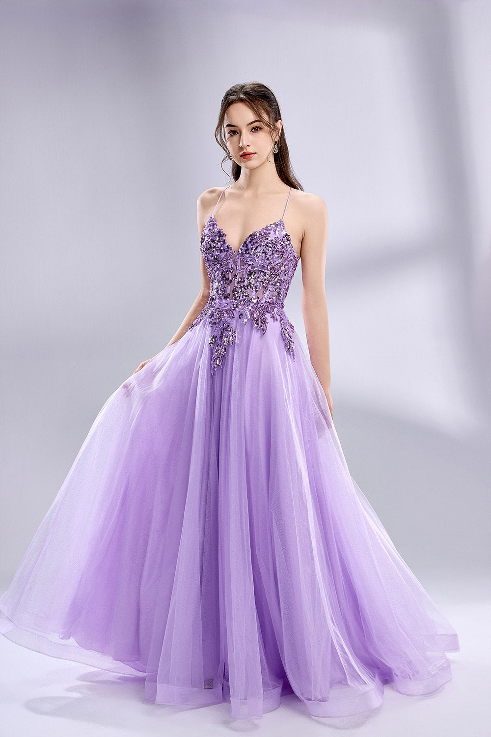 Elegant Lace Floral Appliqué Tulle Prom Dress - Wholesale 33040