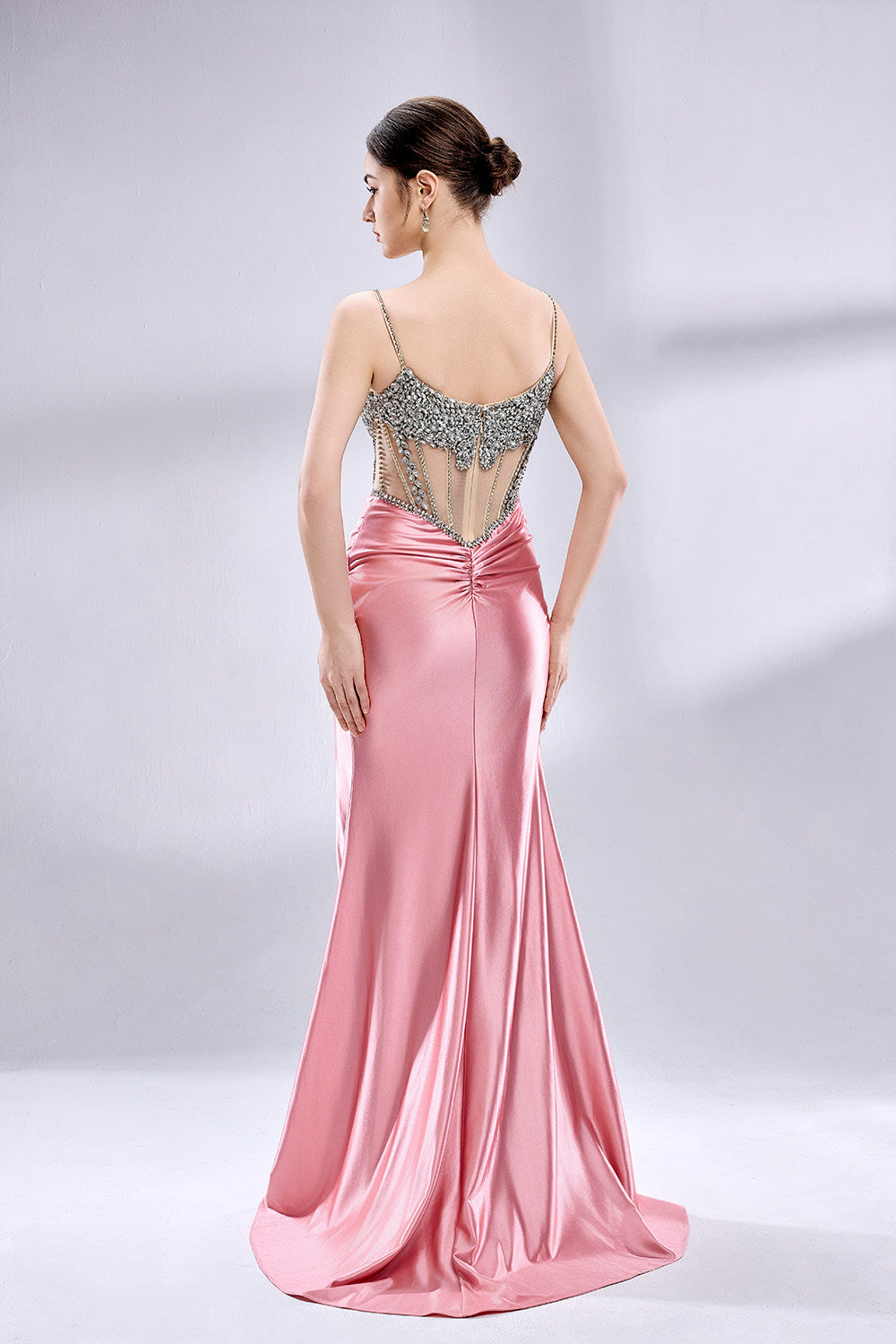 Wholesale luxurious diamond-embellished satin slit prom dress 33071