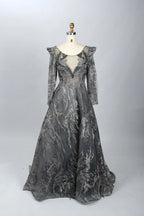 Charcoal Gray Beaded A-Line Mother of the Bride Dress with Long Sleeves MK078