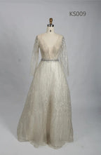 V-Neck Lace A-Line Mother of the Bride Dress with Long Sleeves KS009