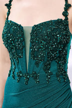 Photograph of a young Caucasian woman with fair skin and dark brown hair styled in an elegant updo. She is wearing a stunning, floor-length, teal evening gown with a deep V-neckline adorned with intricate beadwork. The gown features a high slit on the left, showcasing her slender legs. The fabric has a smooth, shimmering texture. The background is a soft, white gradient, creating a minimalist and elegant atmosphere. The overall style is sophisticated and glamorous, suitable for formal events.4