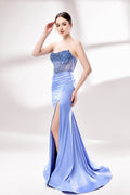 Showcased here is a close - up of a light blue strapless gown. Its bodice is adorned with dense, sparkling blue beads, and the skirt features elegant draping. The intricate design gives off a luxurious and refined vibe, ideal for formal occasions.1