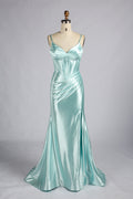 Mint satin mermaid prom dress with spaghetti straps and corset bodice, sweetheart neckline