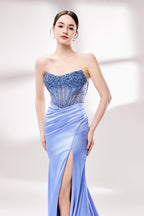 Showcased here is a close - up of a light blue strapless gown. Its bodice is adorned with dense, sparkling blue beads, and the skirt features elegant draping. The intricate design gives off a luxurious and refined vibe, ideal for formal occasions.3