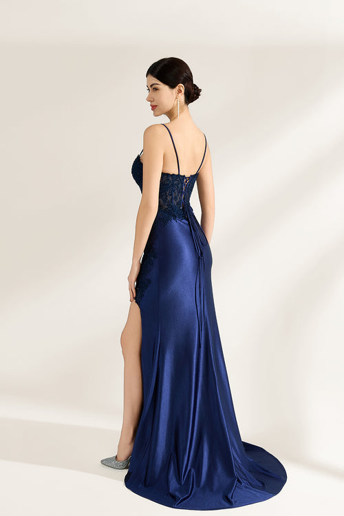 Presented against a light backdrop is a woman donning a navy - blue satin gown. It has thin straps, a sweetheart neckline adorned with lace embroidery, a draped bodice, and a high side slit. The elegant design gives off a glamorous aura, ideal for formal events such as galas or red - carpet affairs.2