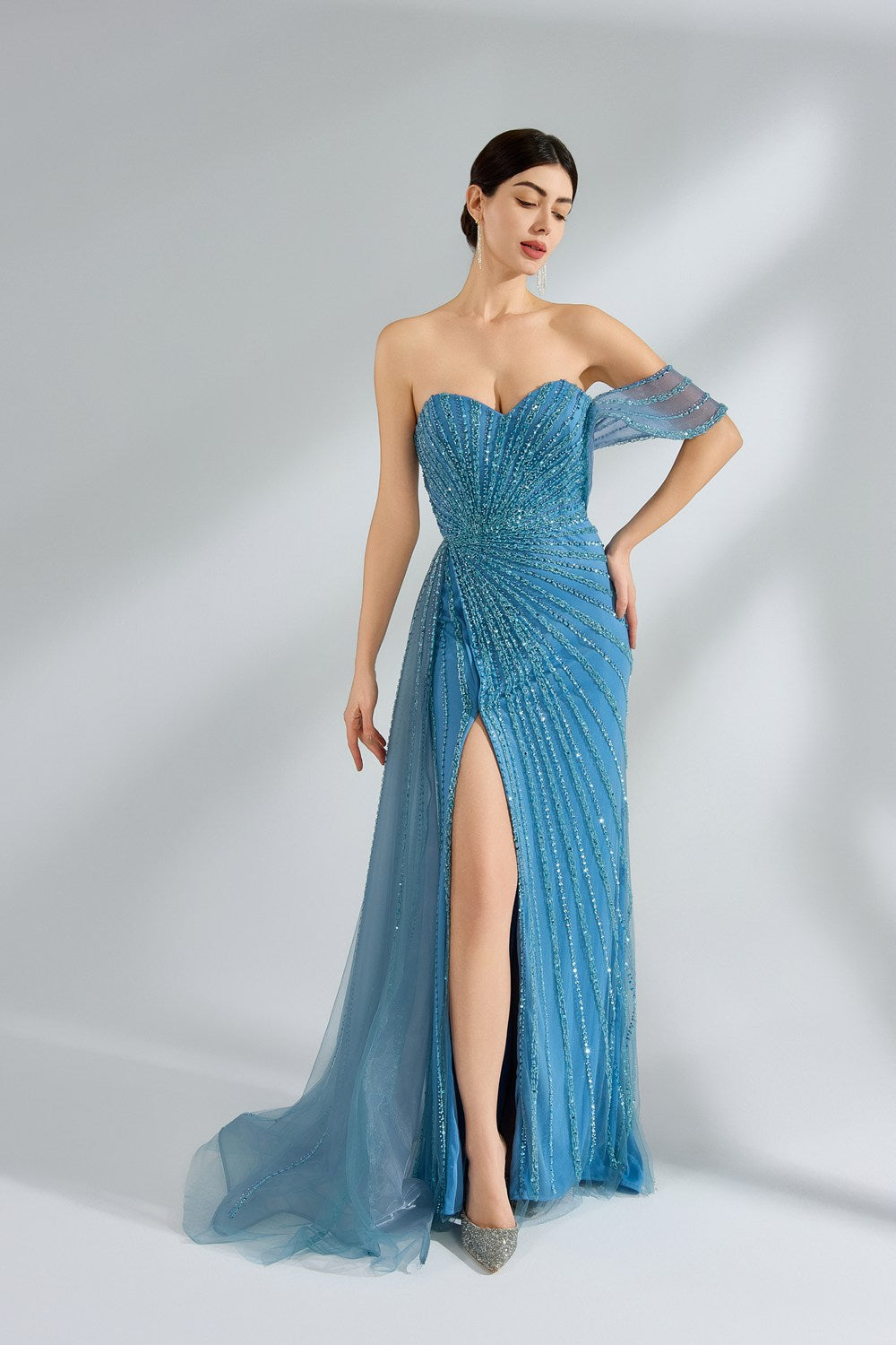 Supplier One-Shoulder Sequin-Embroidered Tulle-Train Gown YL2222