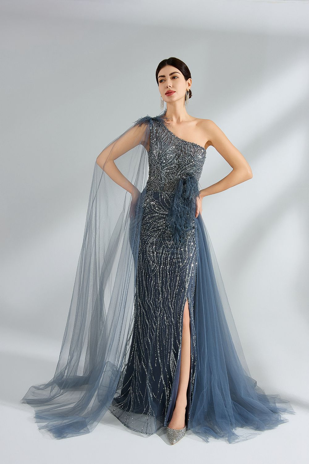 Wholesale Elegant One Shoulder Sequin Slit Evening Gown KS037