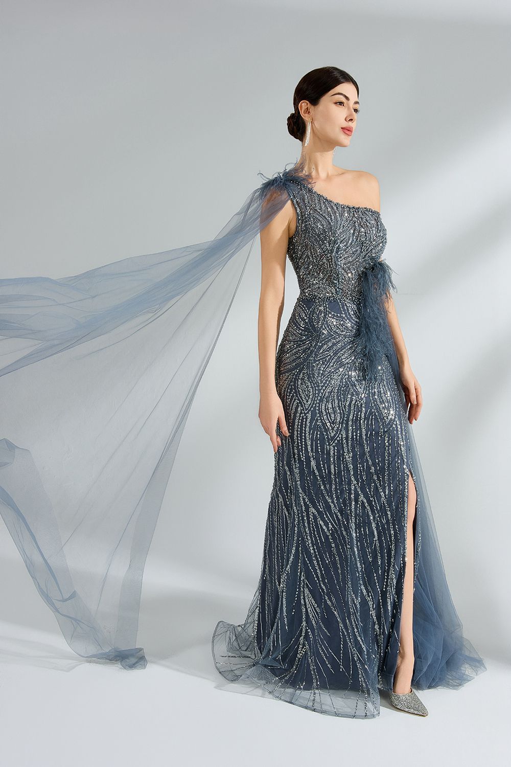 Wholesale Elegant One Shoulder Sequin Slit Evening Gown KS037
