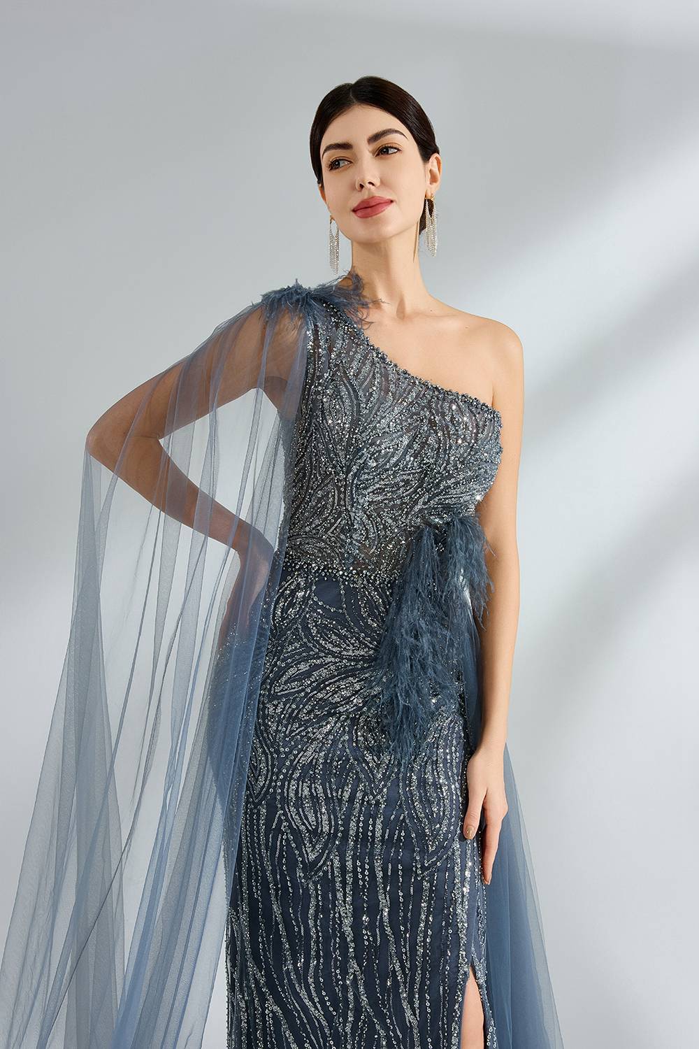 Wholesale Elegant One Shoulder Sequin Slit Evening Gown KS037