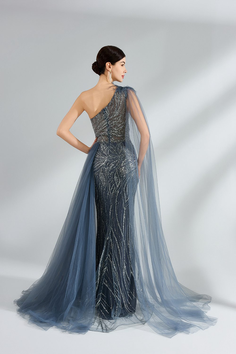 Wholesale Elegant One Shoulder Sequin Slit Evening Gown KS037