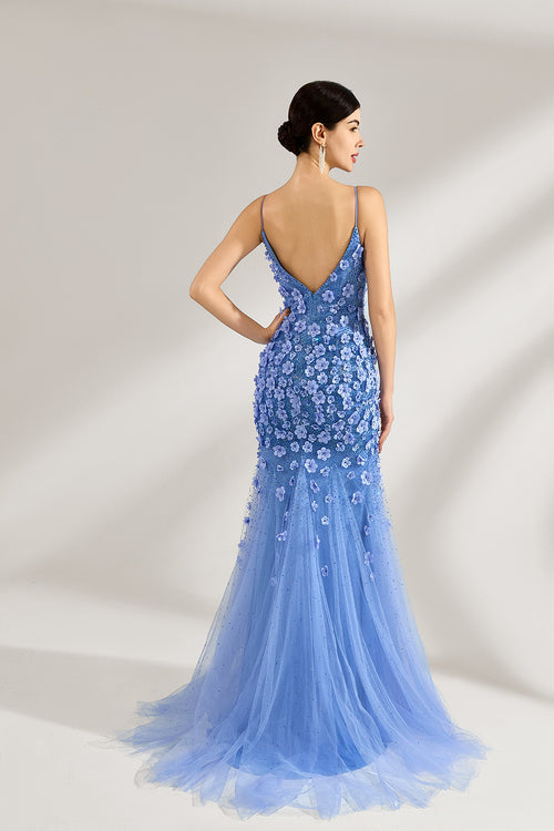 A woman stands against a light background, wearing a light - blue tulle gown. It features thin straps, a deep V - neckline, intricate 3D floral appliqués with sequins on the bodice and skirt, and a mermaid silhouette with a trailing tulle skirt. The elegant design creates a romantic and glamorous look, perfect for formal events like proms or weddings.2
