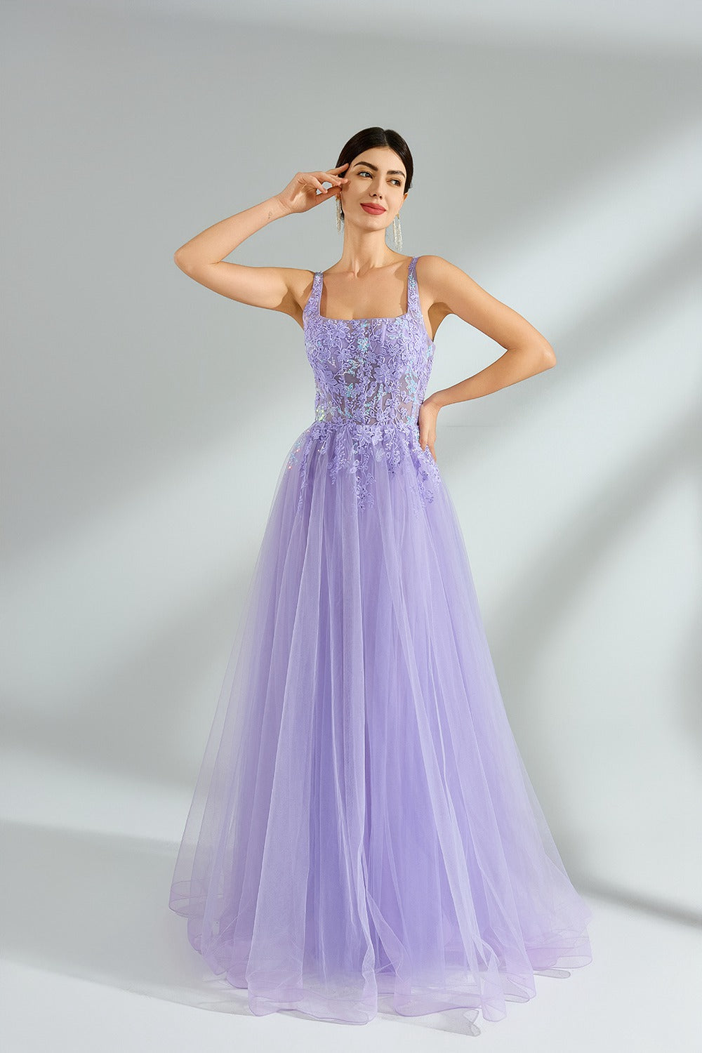 Elegant Lace Floral Mesh Spaghetti Strap Gown KT1393