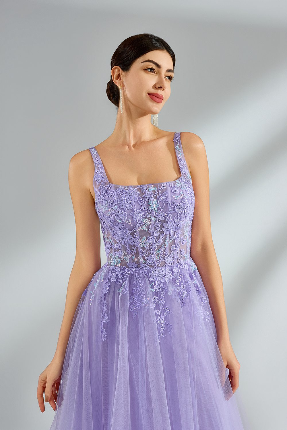 Elegant Lace Floral Mesh Spaghetti Strap Gown KT1393