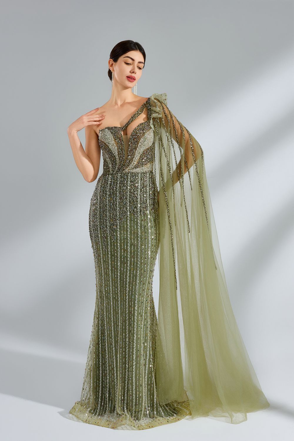 Elegant Strapless Evening Gown with Shoulder Sash & Embellished Rhinestones MK148