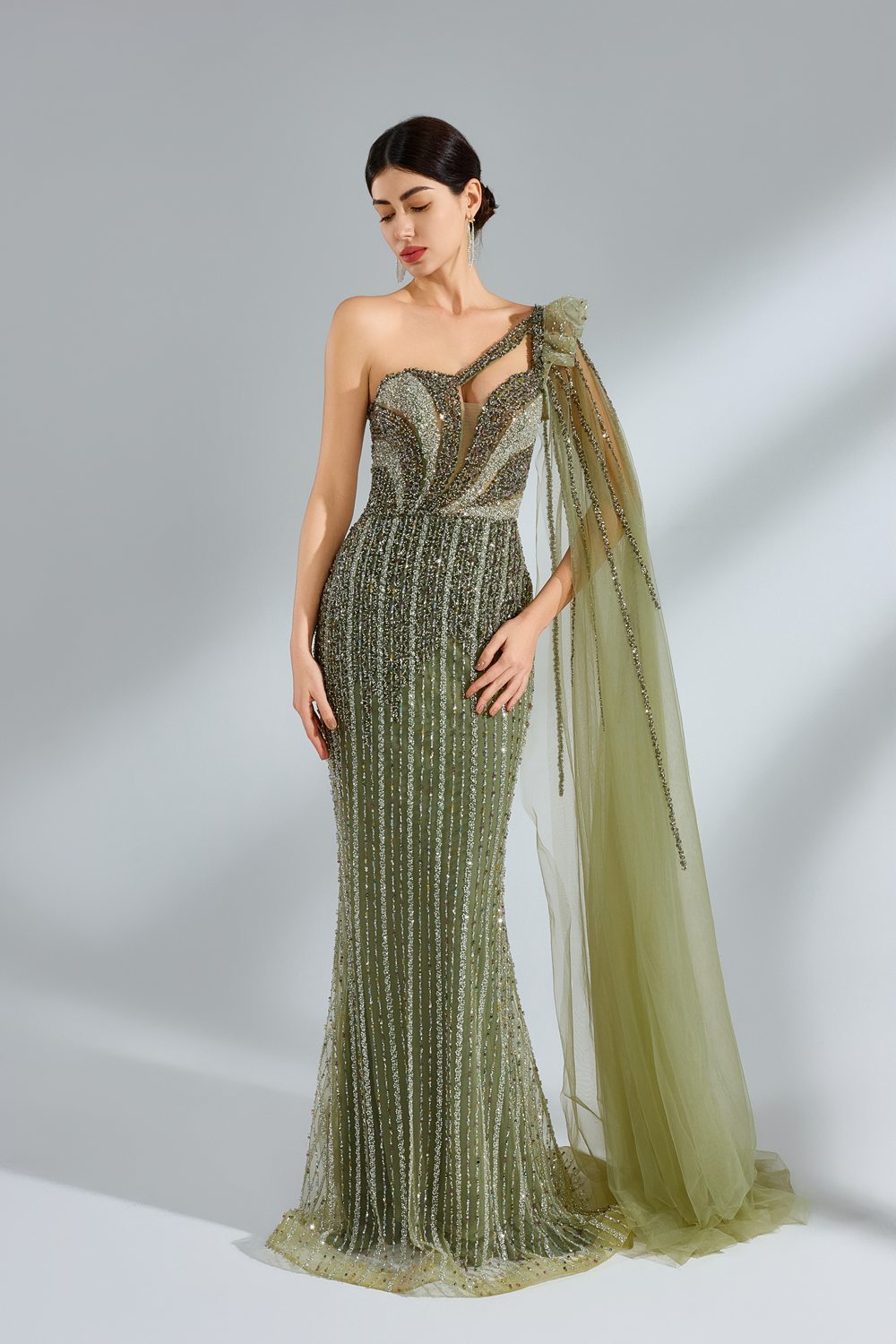 Elegant Strapless Evening Gown with Shoulder Sash & Embellished Rhinestones MK148