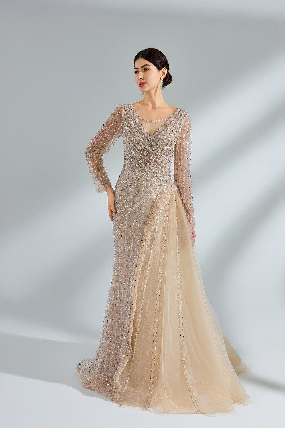 Elegant Long Sleeve Beaded Mother of the Bride Dress with Waist Sash MK147