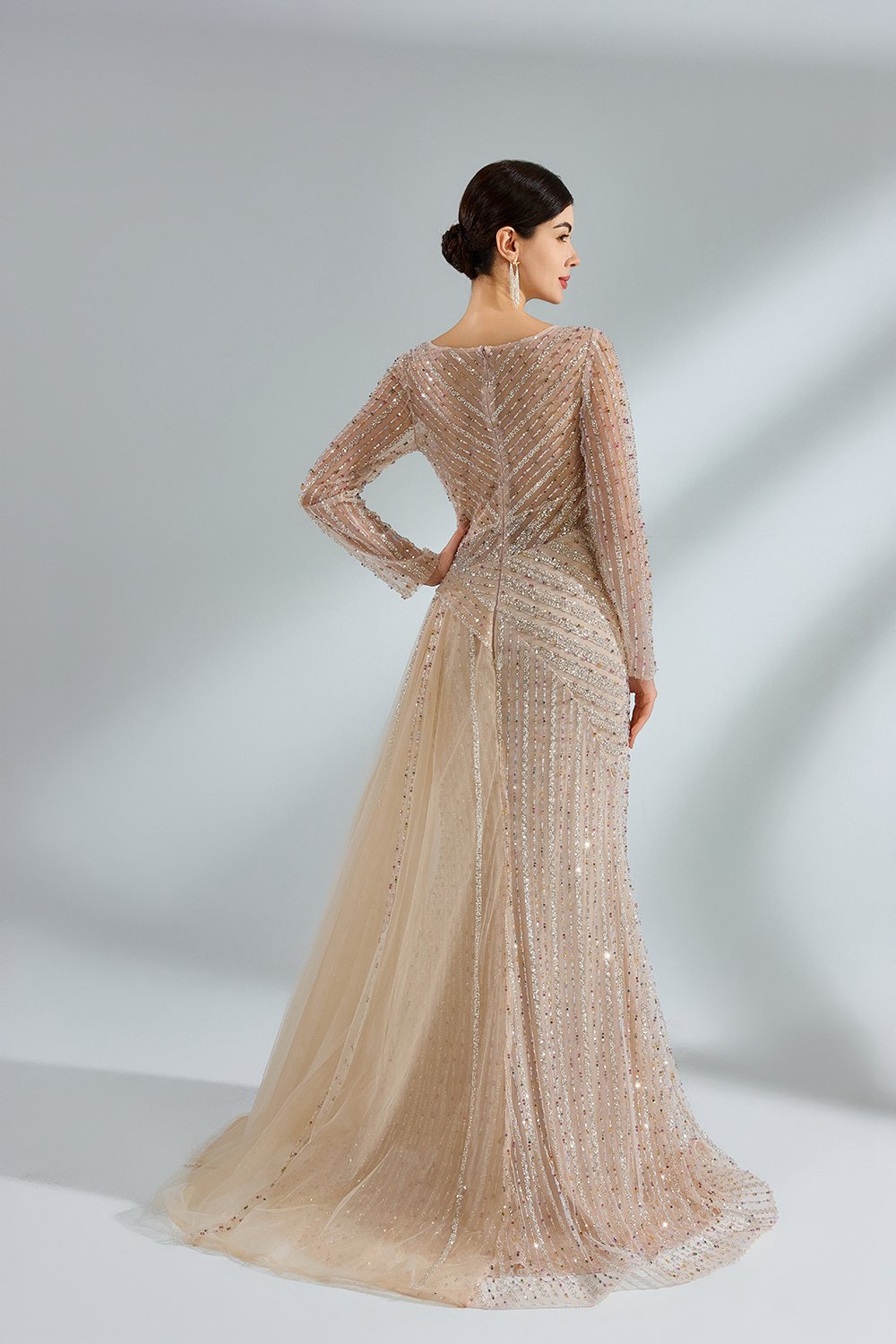 Elegant Long Sleeve Beaded Mother of the Bride Dress with Waist Sash MK147