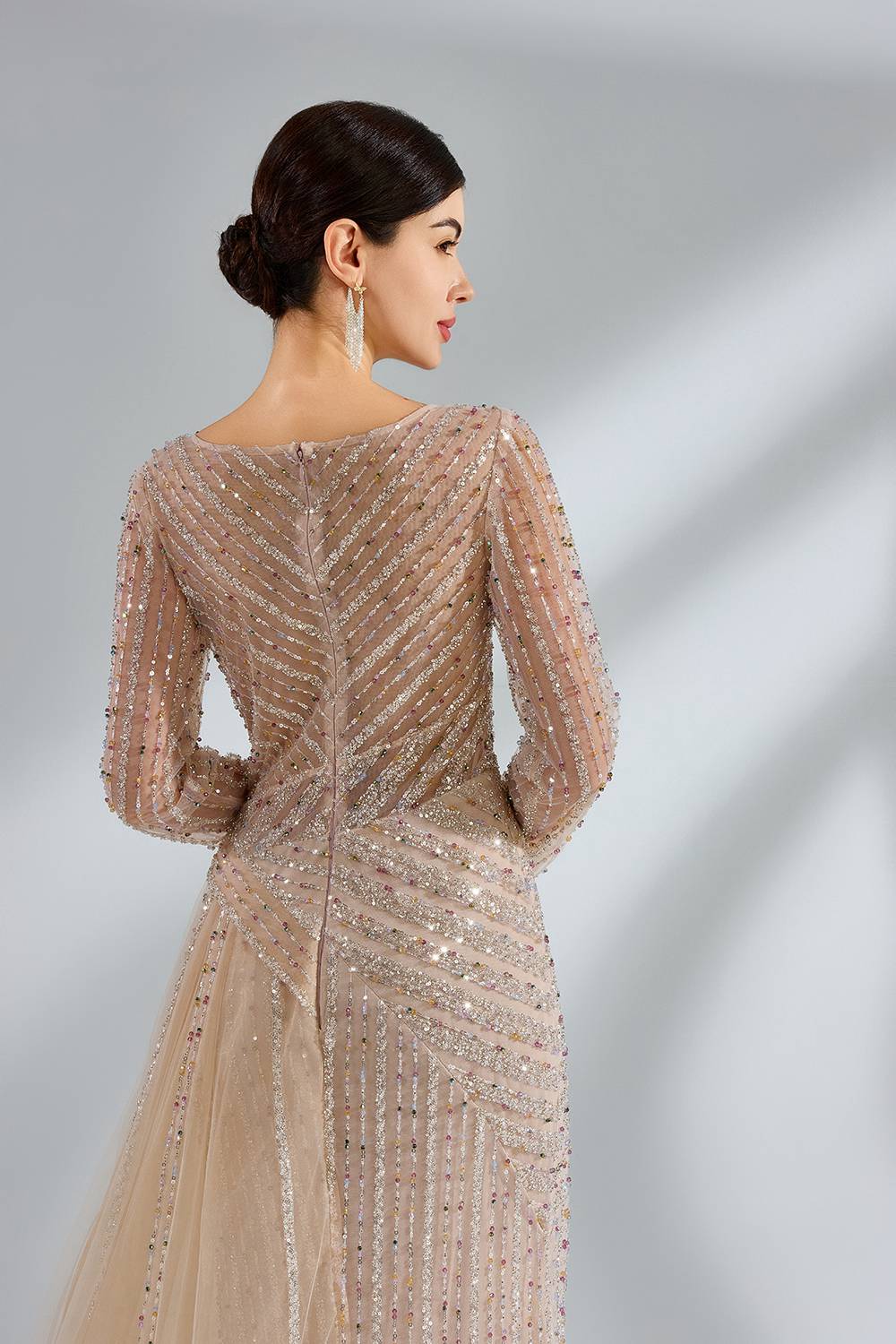 Elegant Long Sleeve Beaded Mother of the Bride Dress with Waist Sash MK147