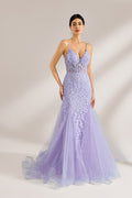 The model sports neatly arranged hair and dangles elegant long earrings. The gown is lavender, featuring a deep V - neckline and slender spaghetti straps. Intricate floral lace embellishes it, and the mermaid - cut skirt, crafted from airy tulle, exudes an elegant and dreamy charm, ideal for formal events.1