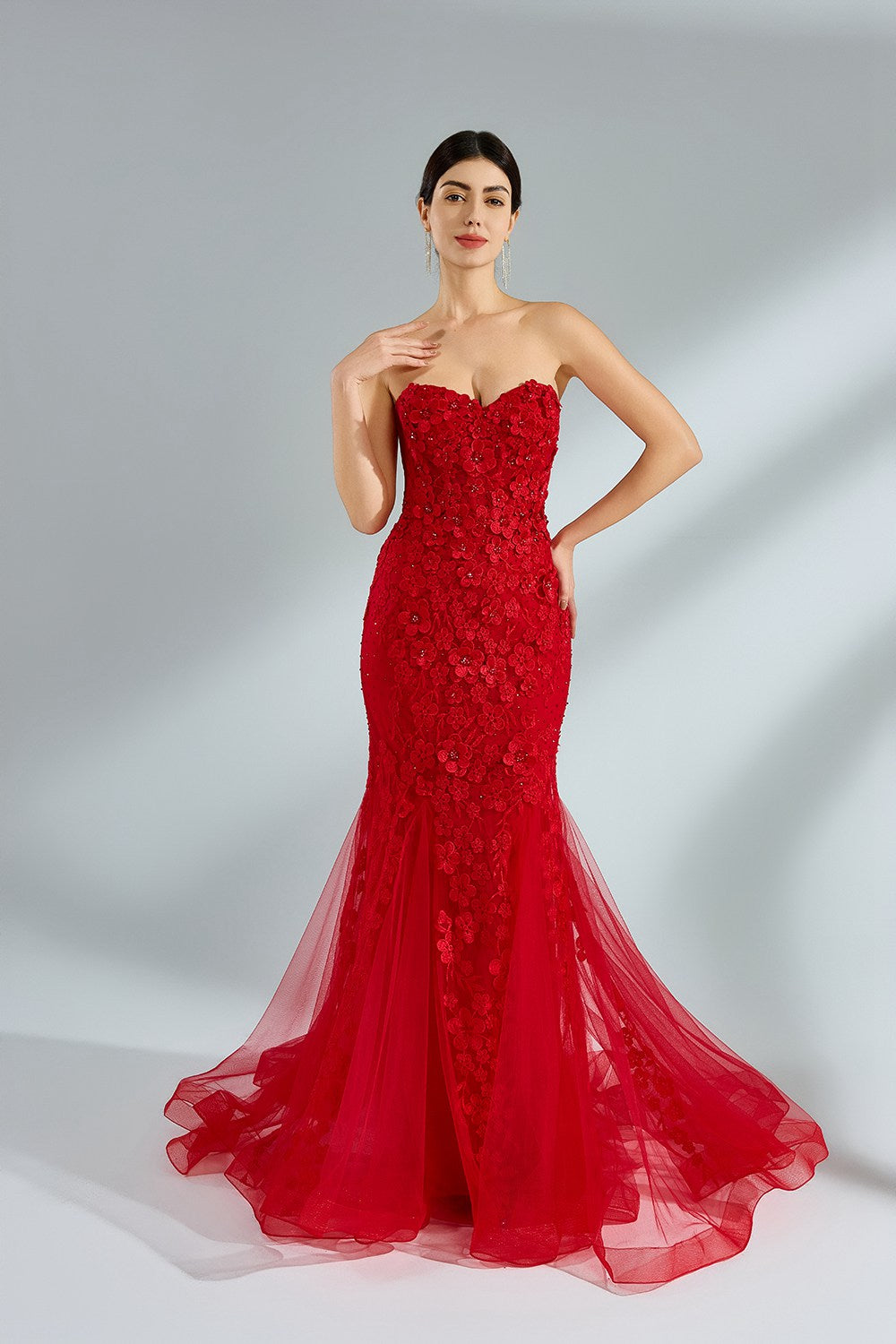 Wholesale Luxe Red Floral Mermaid Tulle Gown kt1381