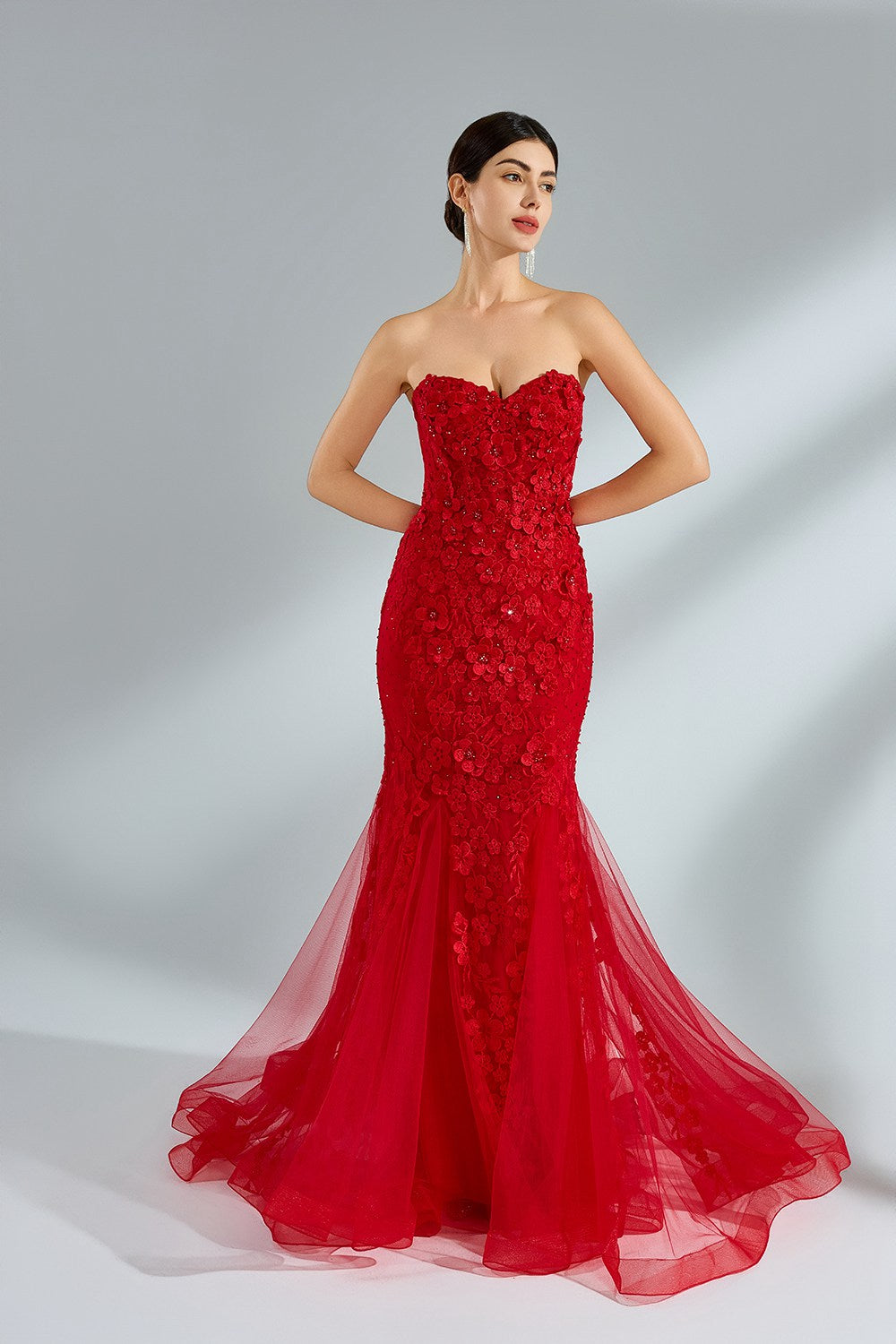 Wholesale Luxe Red Floral Mermaid Tulle Gown kt1381