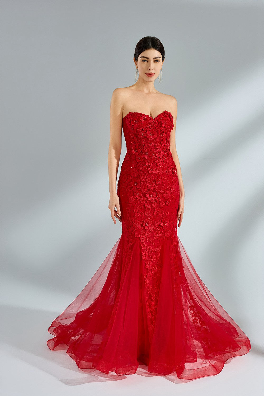 Wholesale Luxe Red Floral Mermaid Tulle Gown kt1381
