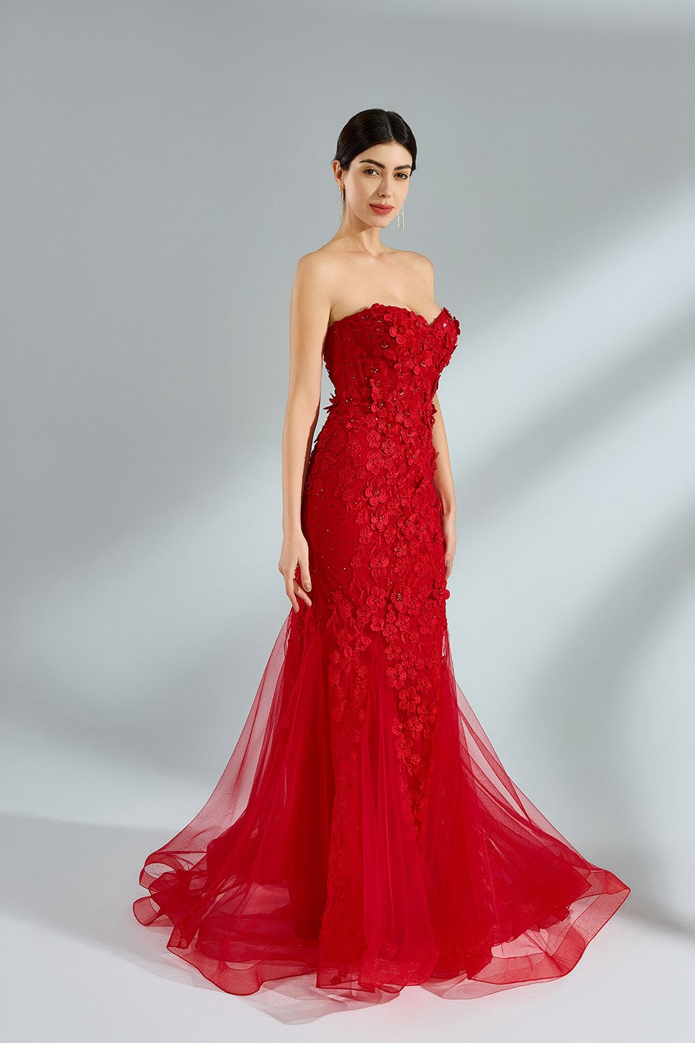 Wholesale Luxe Red Floral Mermaid Tulle Gown kt1381