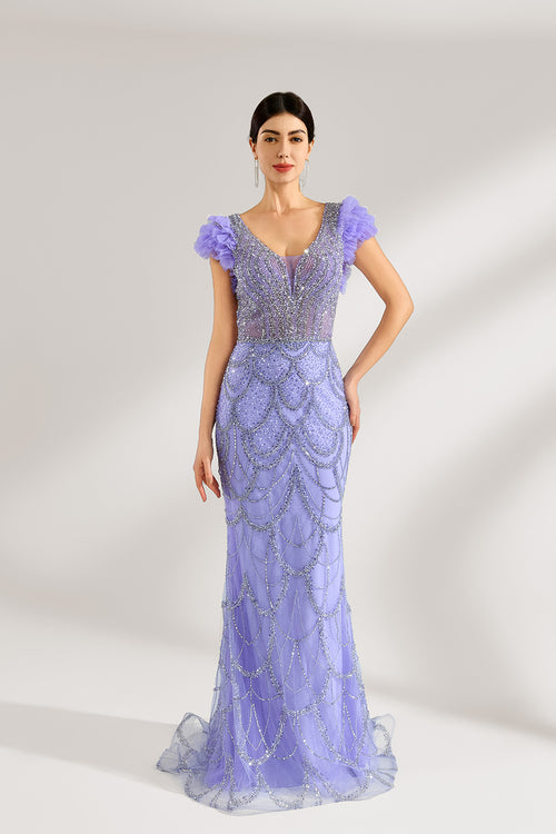 Lilac sequin-beaded mermaid prom dress with sweetheart neckline and layered tulle hem