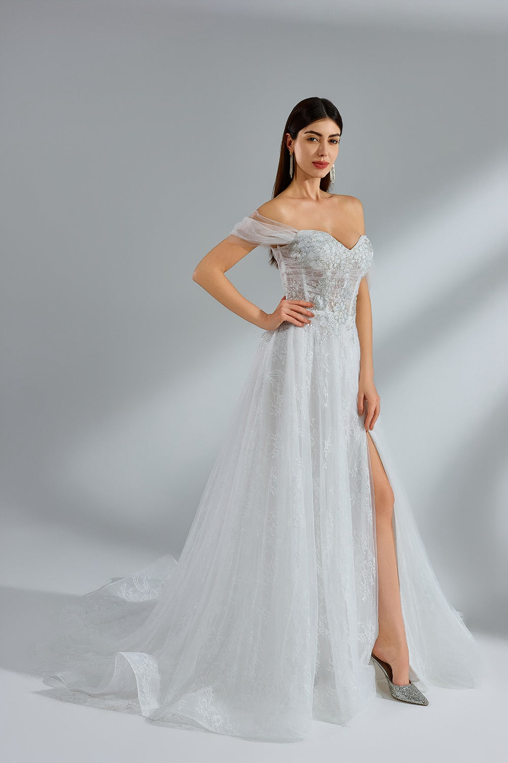 Wholesale Off - Shoulder Tulle Embroidered Spli Bridal Gown 32953