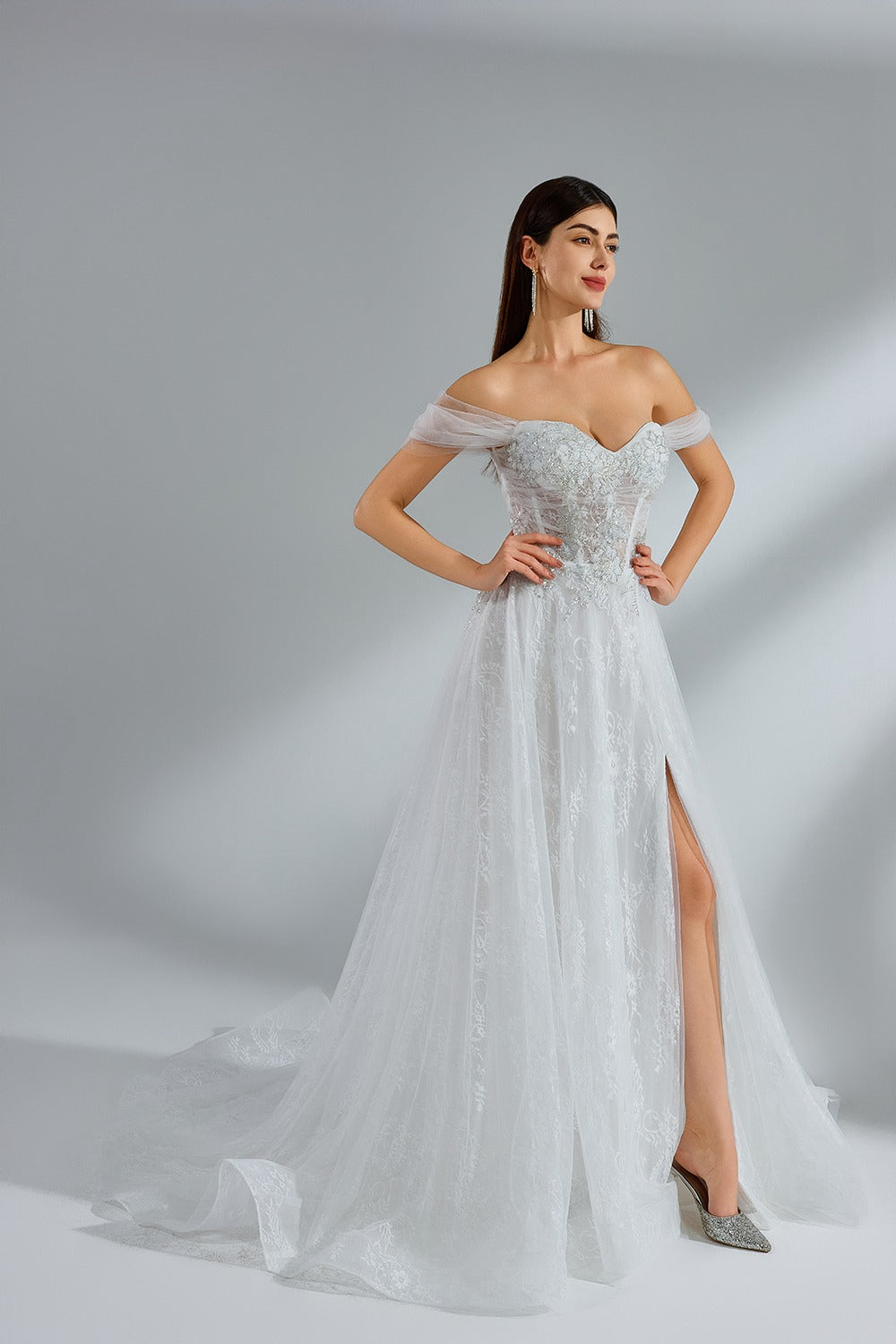 Wholesale Off - Shoulder Tulle Embroidered Spli Bridal Gown 32953