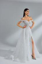Wholesale Off - Shoulder Tulle Embroidered Spli Bridal Gown 32953
