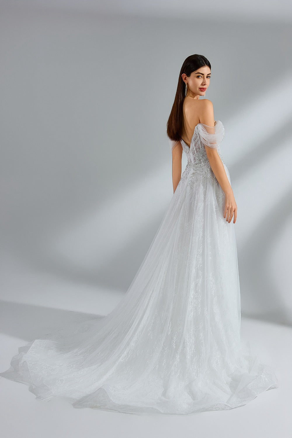 Wholesale Off - Shoulder Tulle Embroidered Spli Bridal Gown 32953