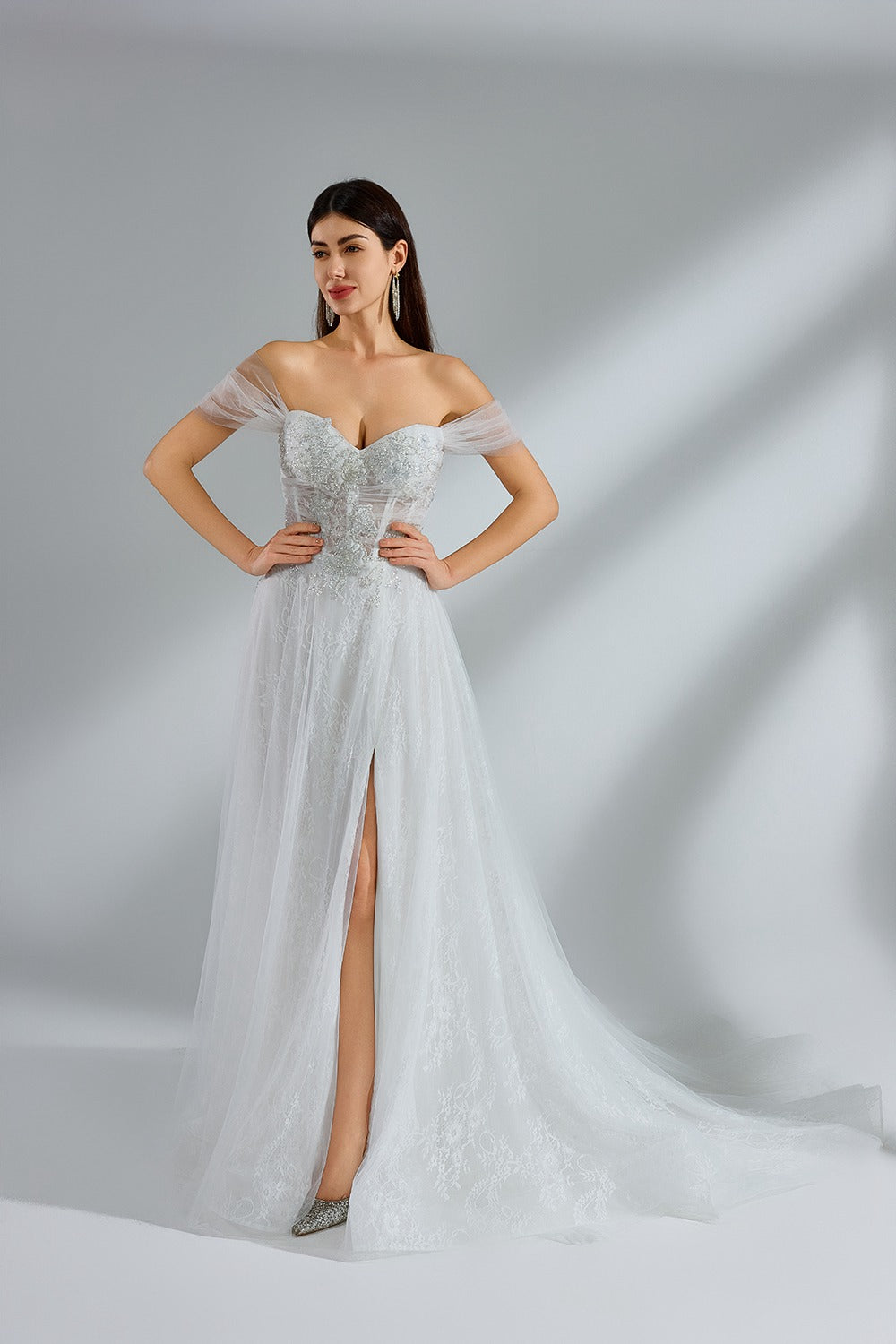 Wholesale Off - Shoulder Tulle Embroidered Spli Bridal Gown 32953