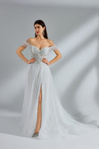 Wholesale Off - Shoulder Tulle Embroidered Spli Bridal Gown 32953