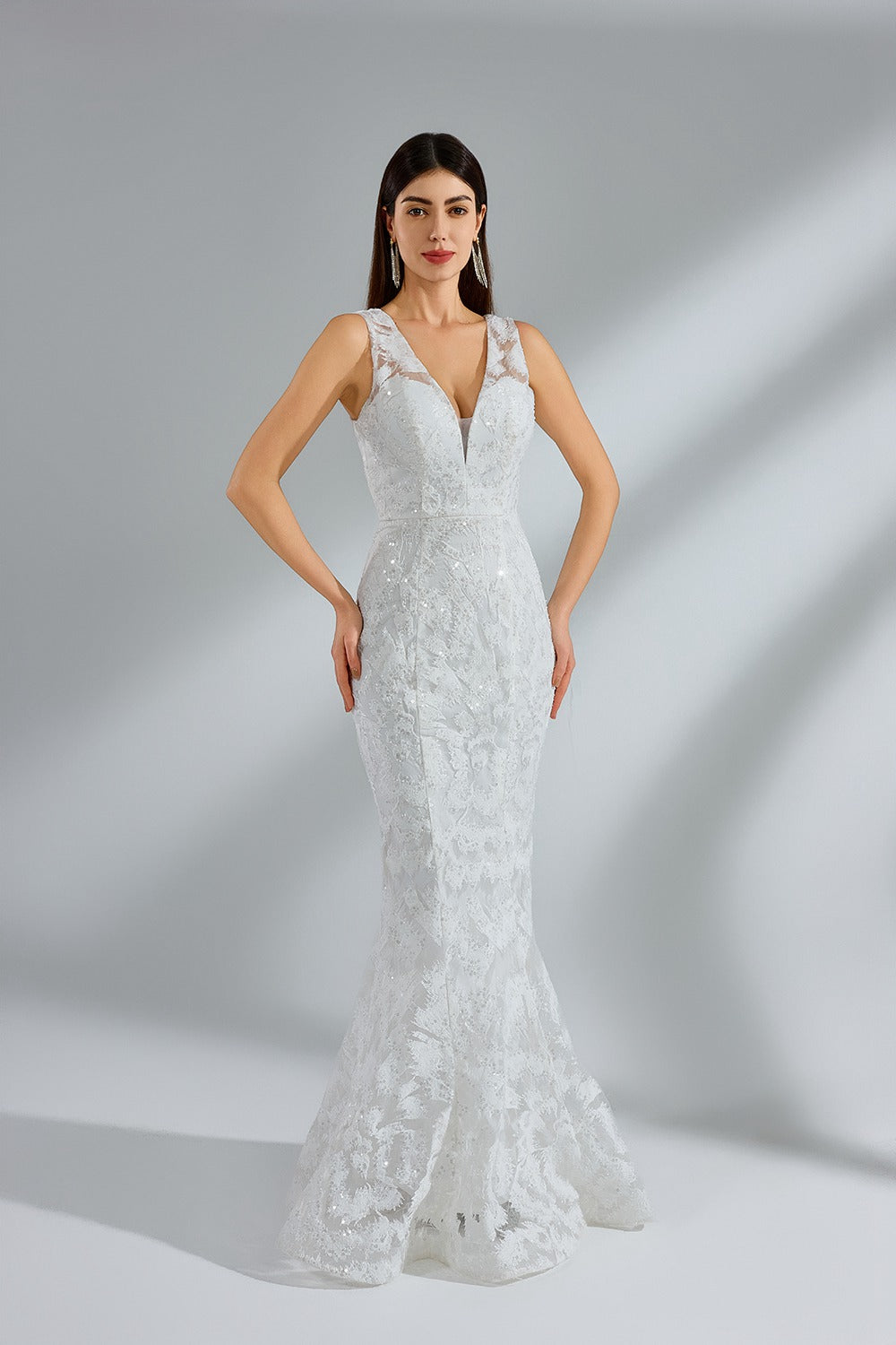 Wholesale V - Neck Lace Mermaid Bridal Gown with Sequins 32951