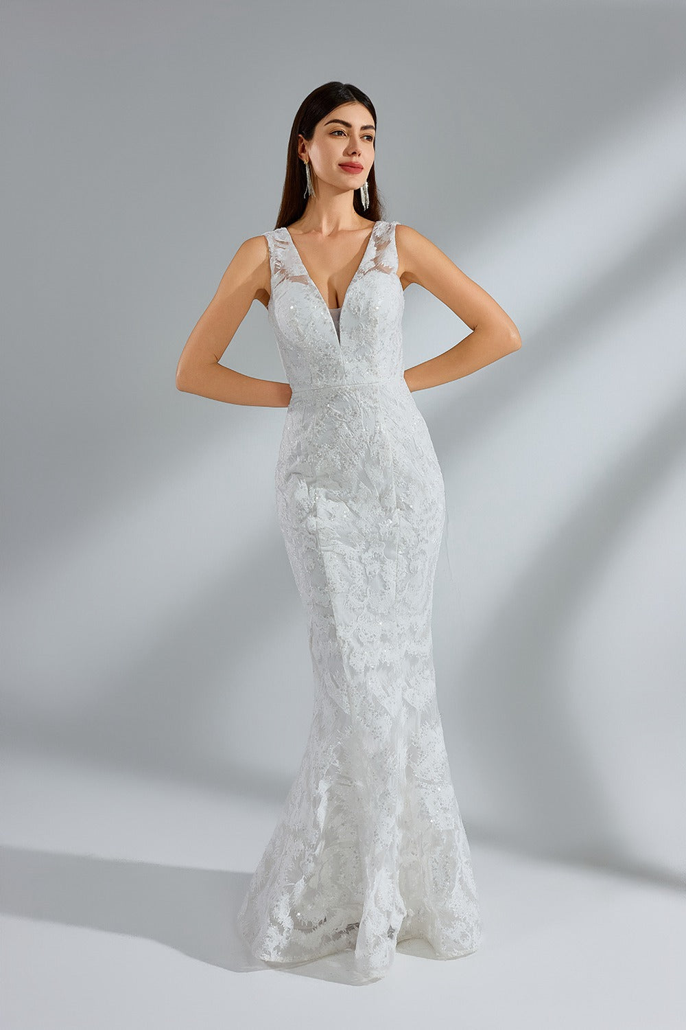 Wholesale V - Neck Lace Mermaid Bridal Gown with Sequins 32951