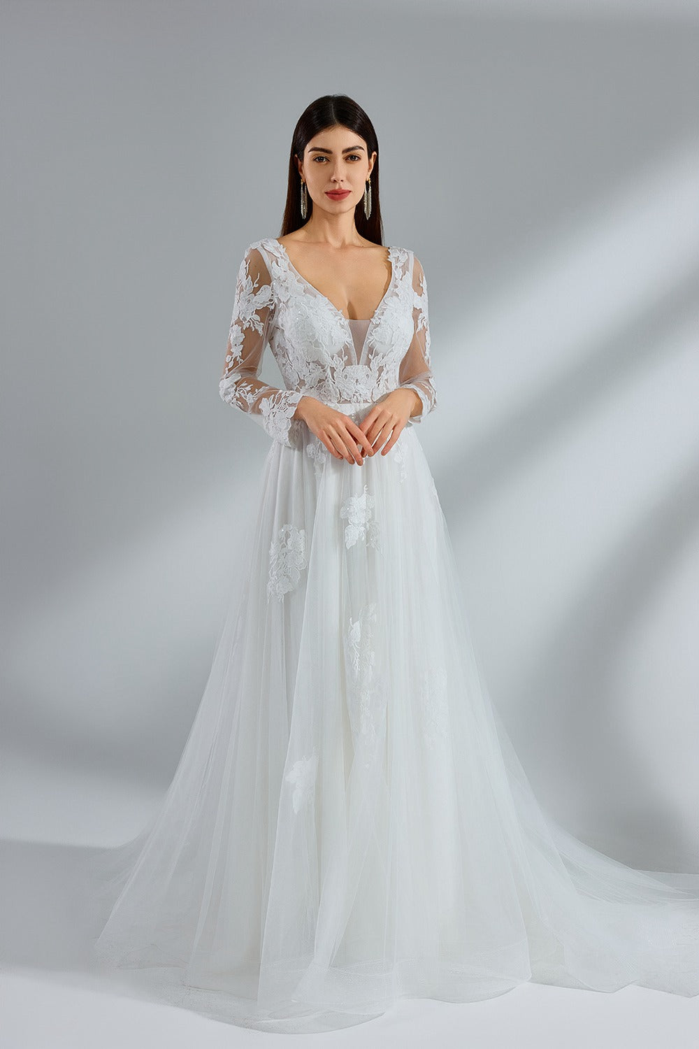 Wholesale Elegant Lace - Sleeved Tulle Bridal Gown 32954