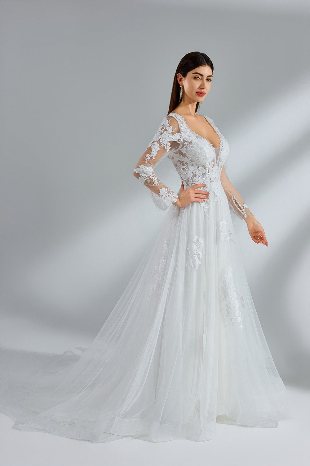 Wholesale Elegant Lace - Sleeved Tulle Bridal Gown 32954