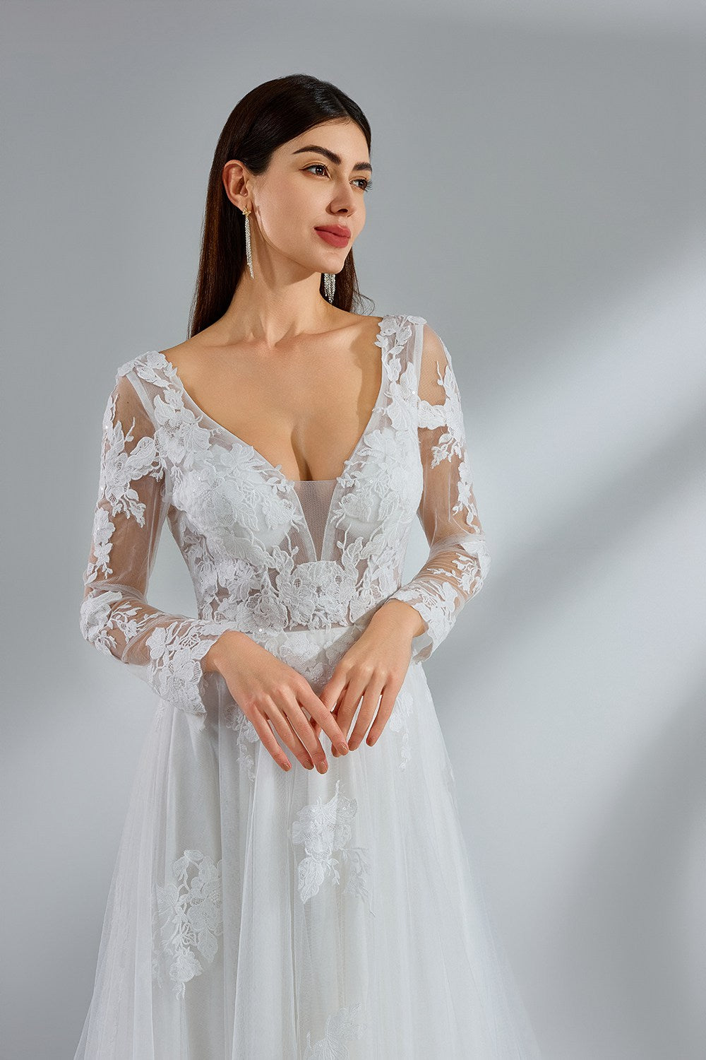 Wholesale Elegant Lace - Sleeved Tulle Bridal Gown 32954