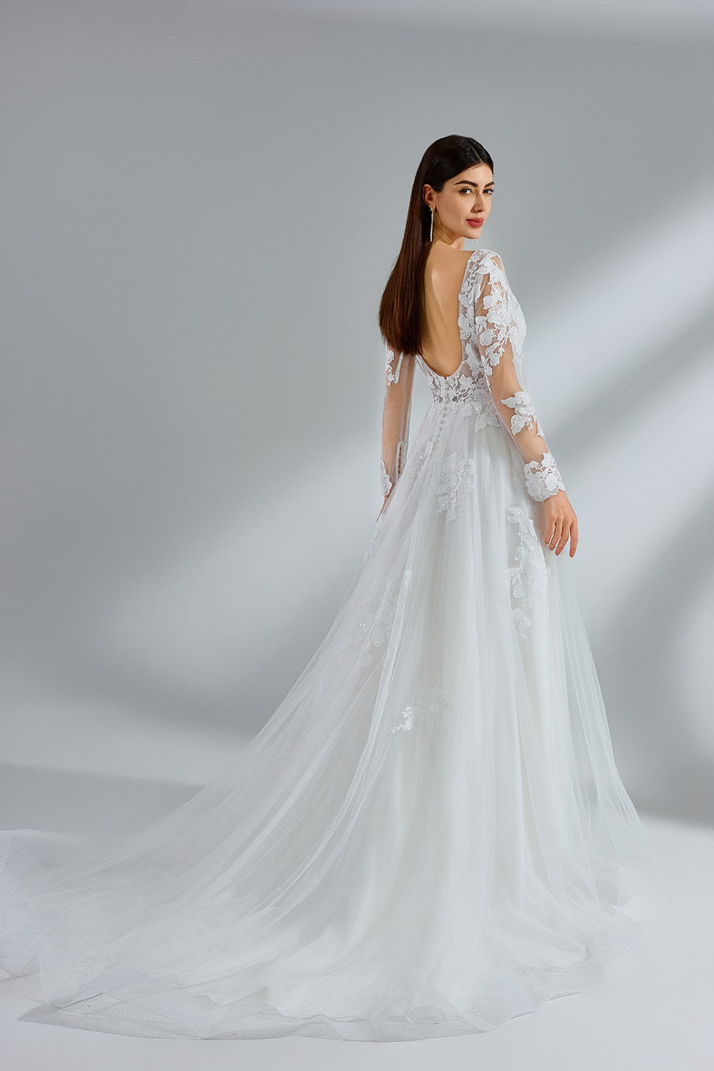 Wholesale Elegant Lace - Sleeved Tulle Bridal Gown 32954