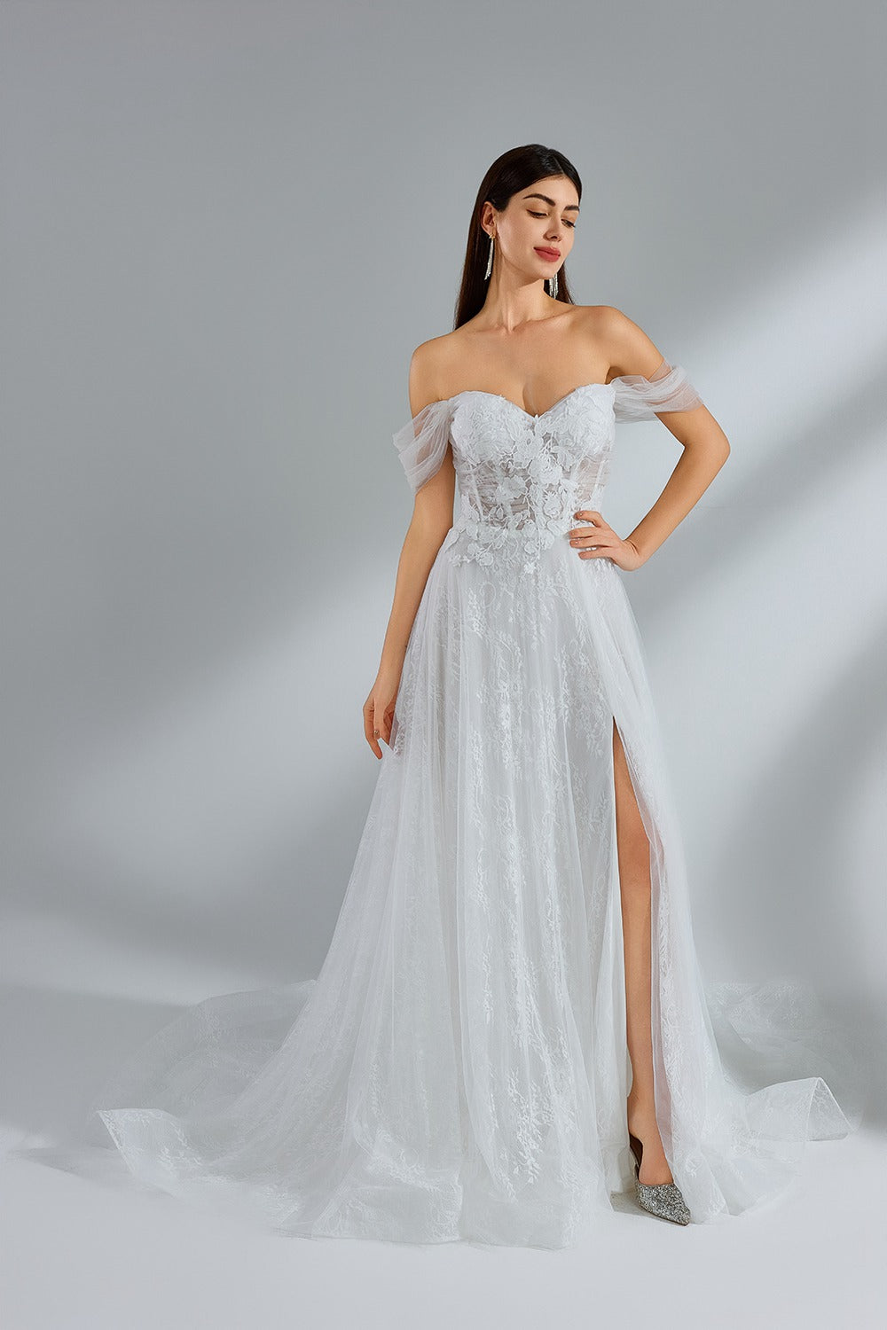 Wholesale Off - Shoulder Tulle Lace Wedding Dress 32955