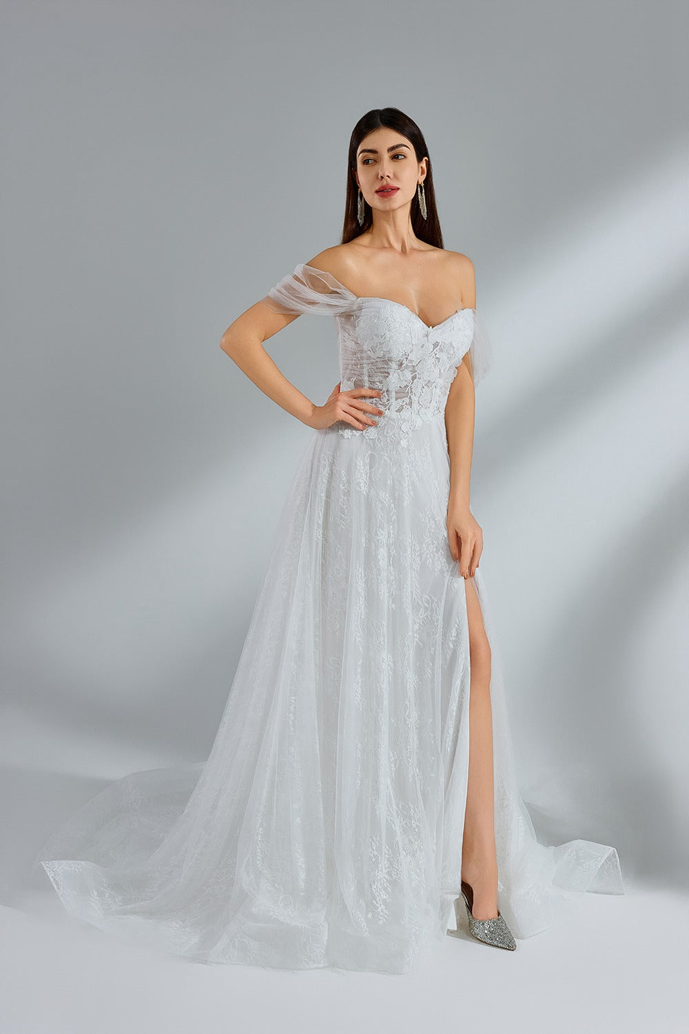 Wholesale Off - Shoulder Tulle Lace Wedding Dress 32955