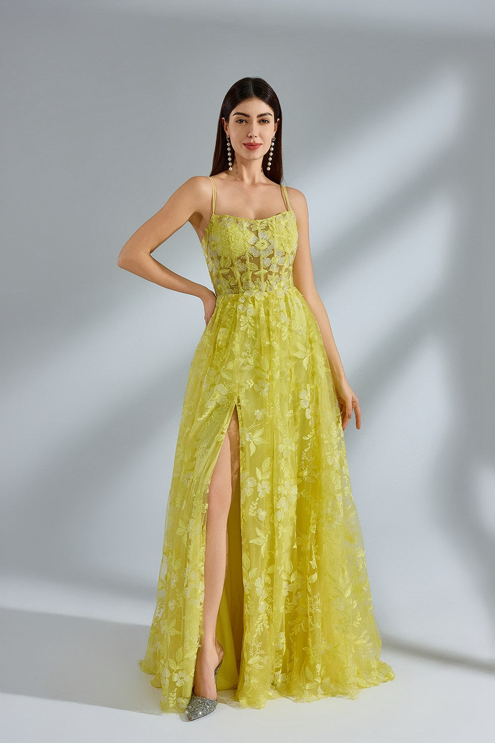 Luxe Yellow Lace Slit Prom Dress Wholesale kt1382
