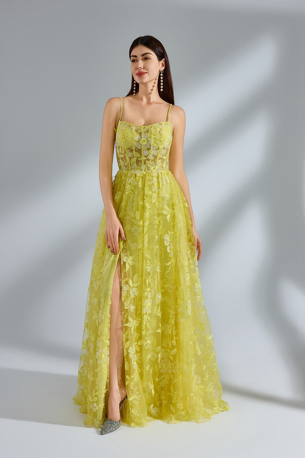 Luxe Yellow Lace Slit Prom Dress Wholesale kt1382