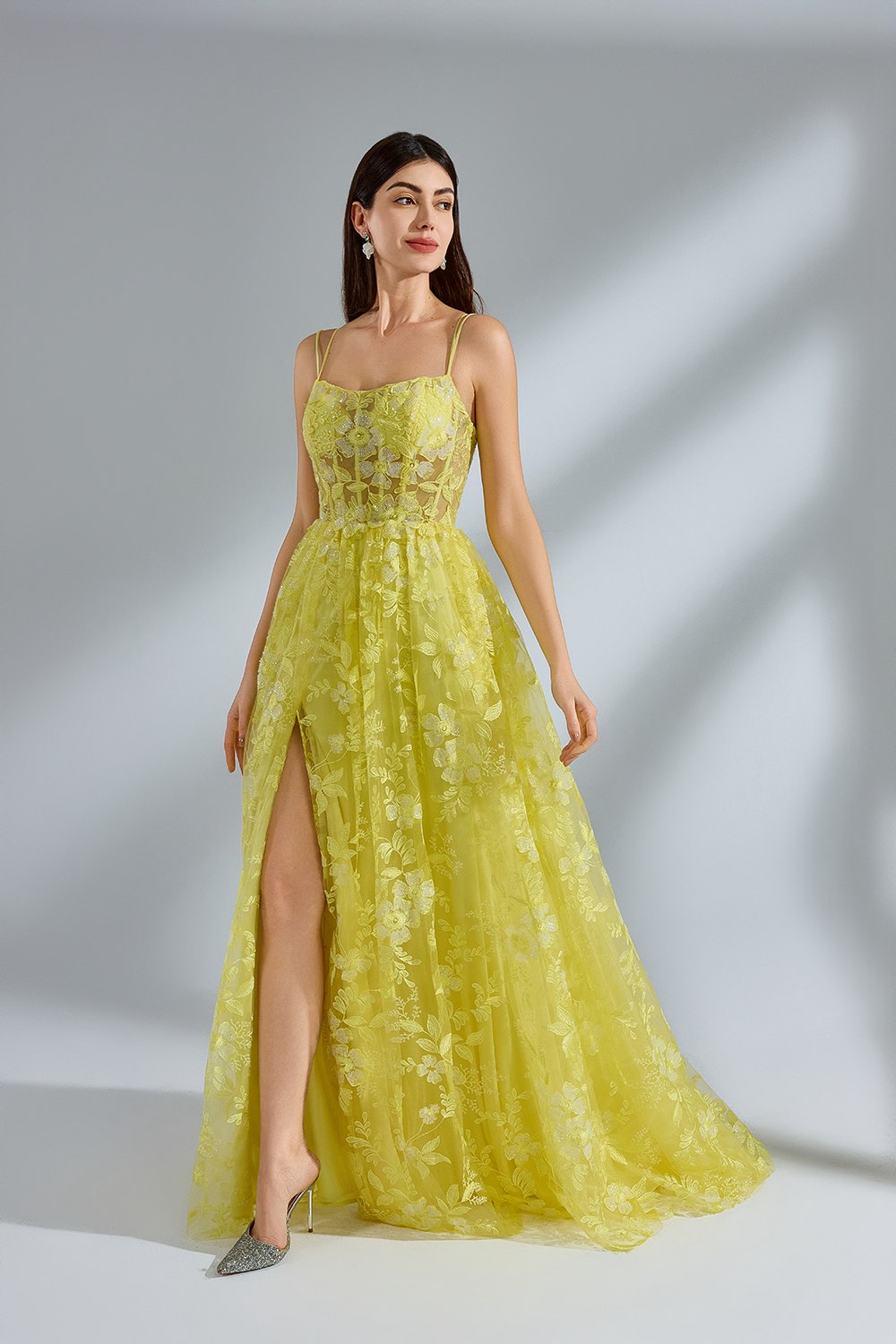 Luxe Yellow Lace Slit Prom Dress Wholesale kt1382